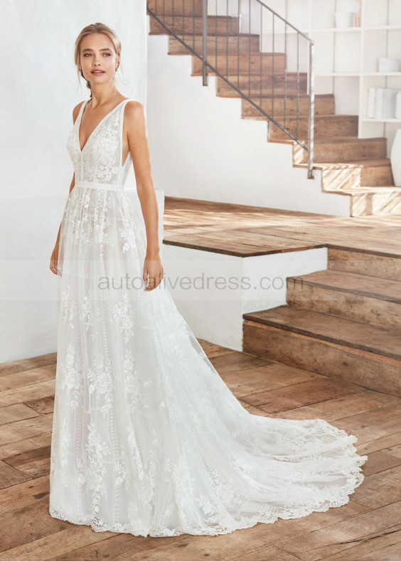 V Neck Ivory Floral Lace Tulle Simple Wedding Dress V Neck Ivory Floral Lace Tulle Simple Wedding Dress